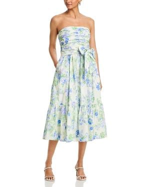 Aqua Blurred Floral Gathered Midi Dress - Blue
