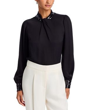 Tahari Amira Silk Stretch Sequin Trim Shirt - Blue