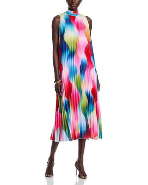 Tahari Mock Neck Pleat Midi Dress - White