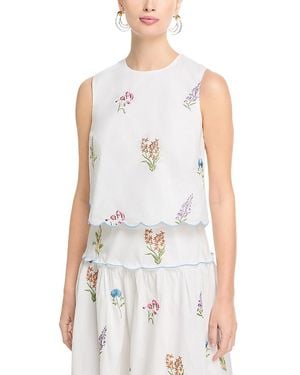 Aqua Embroidered Scallop Tank - White