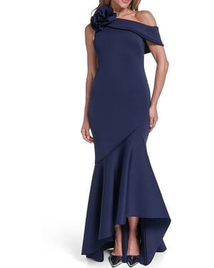 Eliza J One Shoulder Rosette Trim Ruffle Hem Gown - Blue