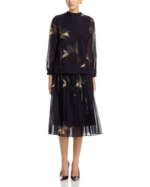 Nancy Yang Printed Long Sleeve Top & Pleated Midi Skirt Set - Black