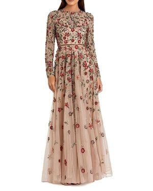 Mac Duggal Petite Embellished High Neck Long Sleeve A-Line Gown - Brown