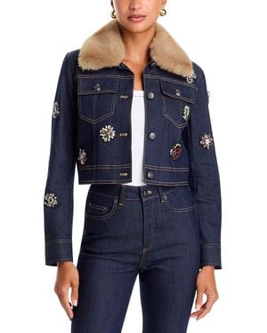 Cinq À Sept Lexie Baroque Patches Faux Fur Collar Denim Jacket - Blue