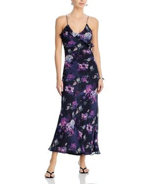 Aqua Watercolor Floral Ruffle Maxi Slip Dress - Blue