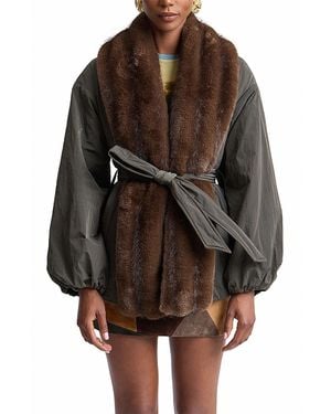 Avec Les Filles Faux Fur Trim Coat - Brown
