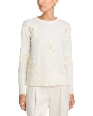 Tahari Long Sleeved Fuzze Flowers Crewneck Pullover Sweater - White