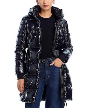 Aqua High Shine Long Puffer Coat With Hood - Blue