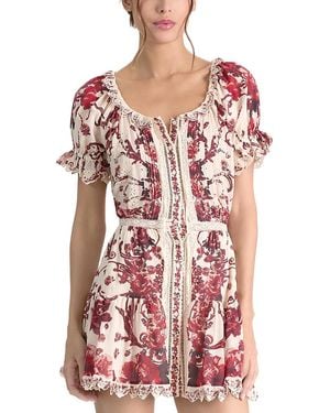 Alice + Olivia Mclaine Embroidered Puff Sleeve Button Down Tiered Mini Dress