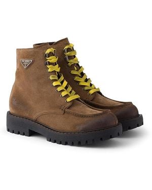 Prada Aged Suede Lace-Up Ankle Boots - Brown