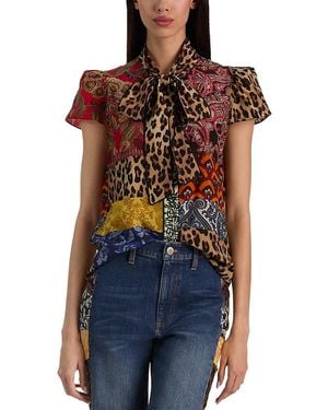 Alice + Olivia Jeannie Piped Bow Collar Cap Sleeve Button Down Blouse - Blue
