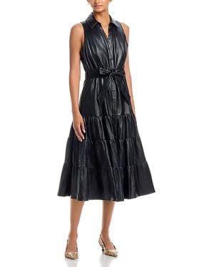 Tahari Faux Leather Collared Midi Dress - Black