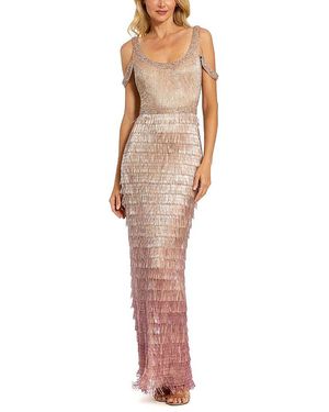 Mac Duggal Scoop Neck Embellished Fringe Gown - White