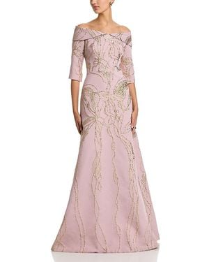 Teri Jon Jacquard Folded Off-The-Shoulder Elbow Sleeve Gown - Pink