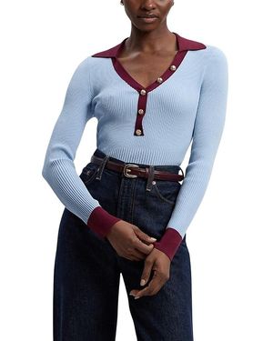 Karen Millen Rib Knit Contrast Hem Collared Top - Blue