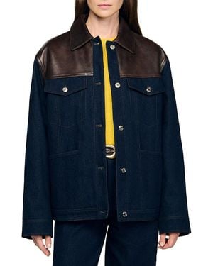 Sandro Raphael Denim Leather Trim Jacket - Blue