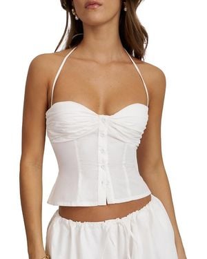 Miss Circle Waverly Cotton Poplin Button-Front Sweetheart Halter Top - White