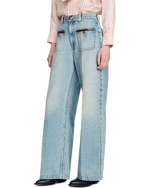 Sandro Sigrid High Rise Straight Leg Leather Detail Jeans - Blue