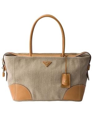 Prada Large Linen And Leather Tote Bag - Natural
