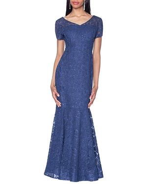 Shani V-Neck Lace Gown With All Over Crystals - Blue