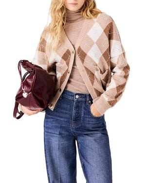 Maje Wool Rhinestone Argyle Cardigan Sweater - Blue