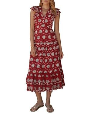Mint Velvet Cotton Broderie Drop Waist Midi Dress - Red