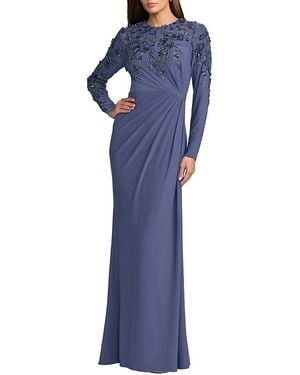 Mac Duggal High Neck Long Sleeve Beaded Jersey Gown - Blue