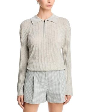 Brandon Maxwell Sabine Silk & Cashmere Zippered Polo Top - Gray