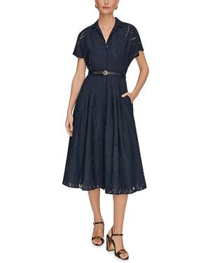 Donna Karan Short Sleeve Burnout Belted Shirt Dress - Blue