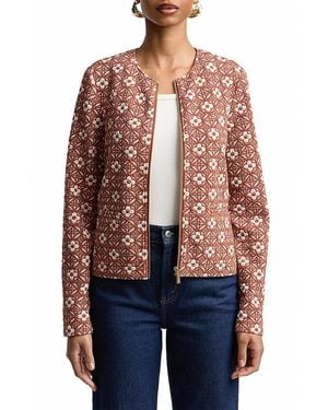 Bagatelle Jacquard Collarless Moto Jacket - Red