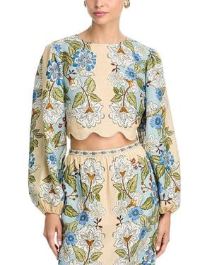 FARM Rio Garden Scarf Print Linen Top - Blue