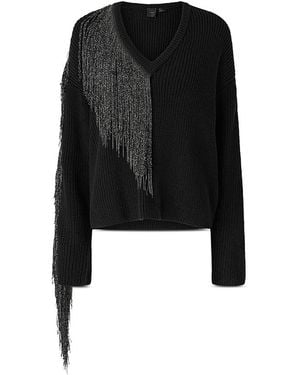 Pinko Captiva English Rib Knit Metallic Fringe Sweater - Black