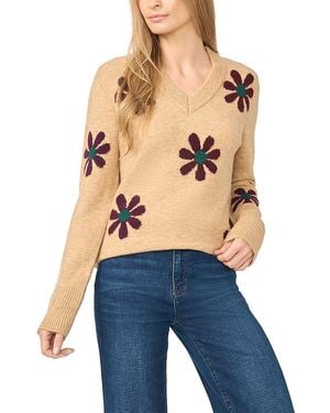 Cece Groovy Flower V Neck Sweater - Blue