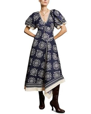 ALÉMAIS Banderra Linen Bubble Sleeve Midi Dress - Blue