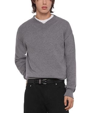 Helmut Lang Helmut Land Slim Fit Distressed V Neck Classic Cotton Sweater - Gray