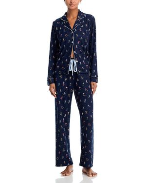 Aqua Notched Collar Jersey Pajama Set - Blue