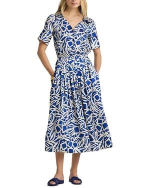 St. John Botanical Pleated Midi Shirt Dress - Blue