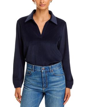 Veronica Beard Issa Long Sleeve Ribbed Polo Shirt - Blue