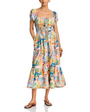 Aqua Villa Print Puff Sleeve Midi Dress - White