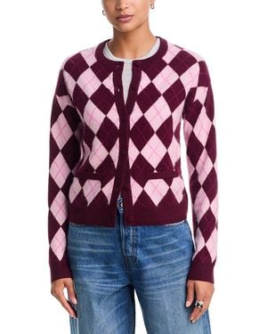 Aqua Cashmere Brushed Argyle Cardigan - Red