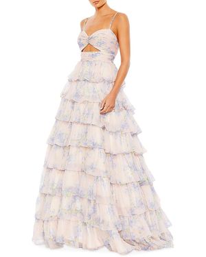 Mac Duggal Floral-print Cutout Ruffled Gown - White