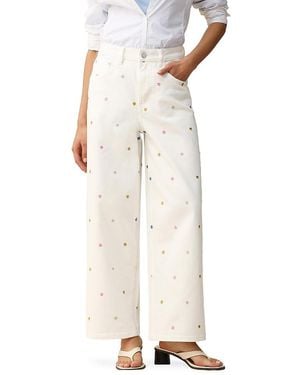 Bayeas High Rise Flower Embroidered Wide Leg Jeans - White