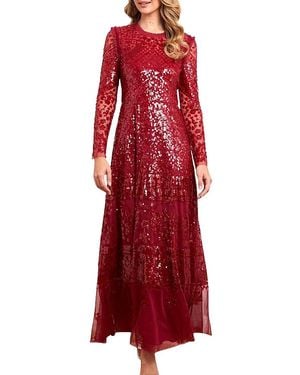 Needle & Thread Aurora Long Sleeve Round Neck Gown - Red