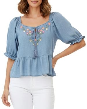 Billy T Petal Song Embroidered Denim Top - Blue