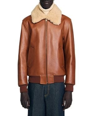 Sandro Leather Shearling Collar Jacket - Blue