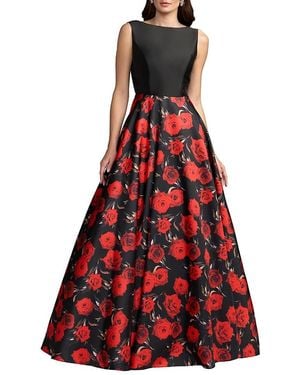 Mac Duggal Petite Floral Printed Mikado Open Back Sleeveless Gown - Red