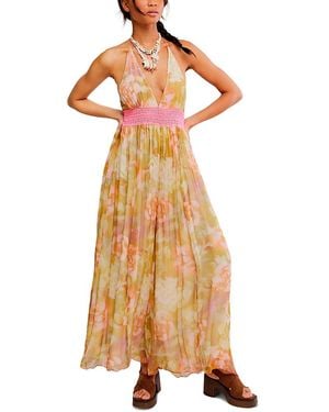 Free People Plunging Neck Flowing Jumpsuit - Metallic