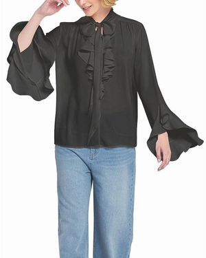 Elle Collection Flounce Trimmed Tie Neck Blouse - Black