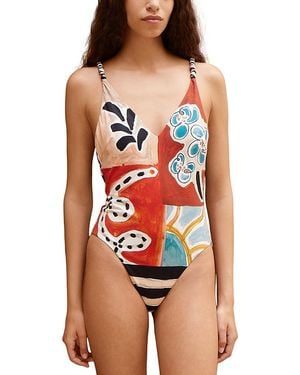 ALÉMAIS Michelle V Neck Patchwork Print Swimsuit - Red