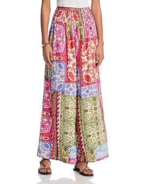 Aqua Mixed Print Smocked Waist Wide Leg Pants - Red